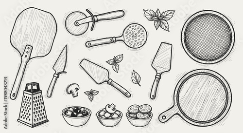 Kitchen Utensils Doodle Set Spatula Whisk Knife Cooking Tools Hand Drawn