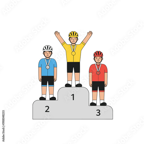 Cycling race winners on podium with medals, illustration