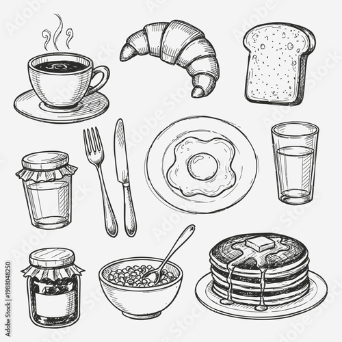 Breakfast Meal Doodle Collection Coffee Croissant Fried Egg Toast Hand Drawn