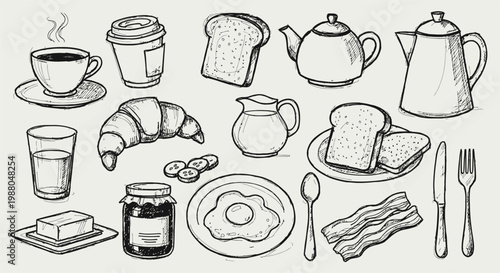 Breakfast Food Doodle Set Coffee Bread Teapot Croissant Hand Drawn Illustration