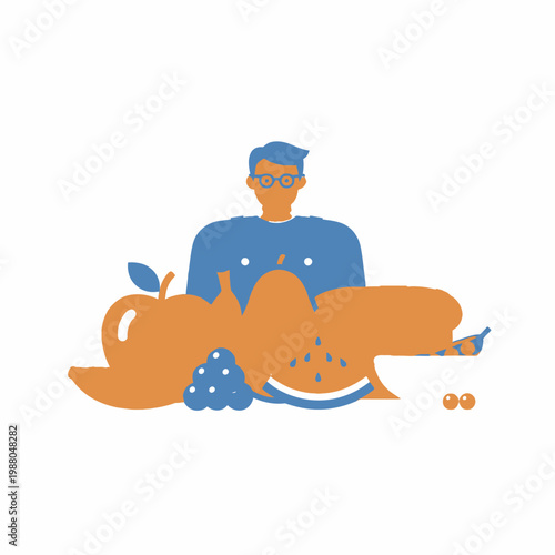 Healthy Eating Concept: Man with Assorted Fruits and Vegetables Illustration