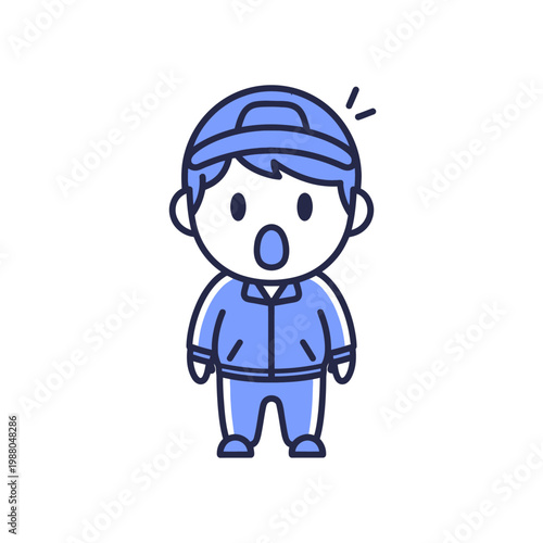 Surprised Cartoon Boy in Blue Tracksuit and Cap, Open Mouth, White Background