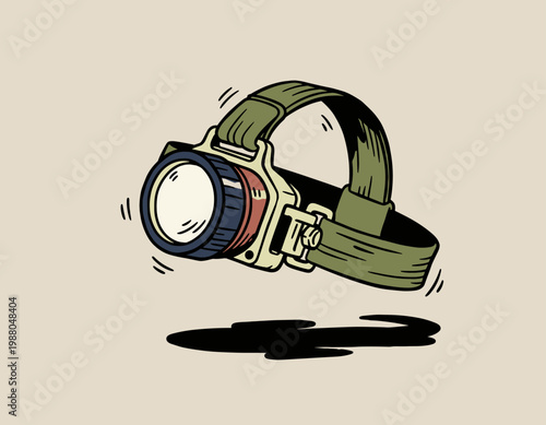 Hand Drawn Illustration of a Portable LED Headlamp with Green Elastic Strap for Outdoor Gear