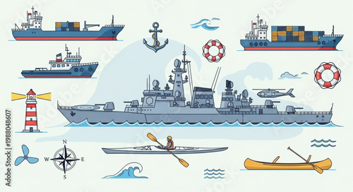 Collection of nautical vessels and maritime symbols.