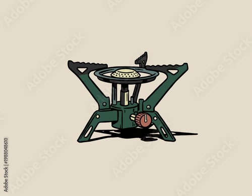 Portable Green Camping Gas Stove Illustration Isolated on Light Background