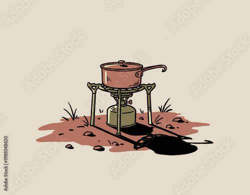 Minimalist Illustration of a Portable Camping Stove with Cooking Pot and Small Gas Canister