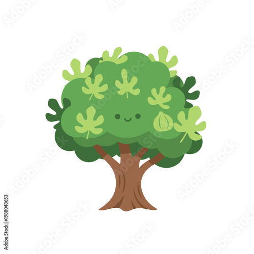 Cute cartoon fig tree with smiling face and fig fruit, isolated on white background