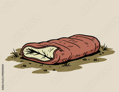 Illustration of a Partially Unrolled Red Sleeping Bag on the Ground for Camping and Outdoor Travel
