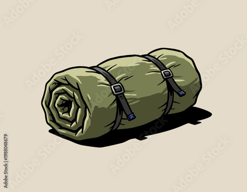 Olive Green Rolled Camping Sleeping Bag with Buckle Straps Illustration