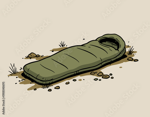 Green Mummy Sleeping Bag Illustration on Camping Ground