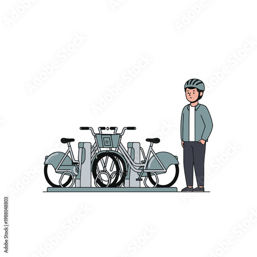 Man standing next to shared bicycles at docking station, urban mobility concept