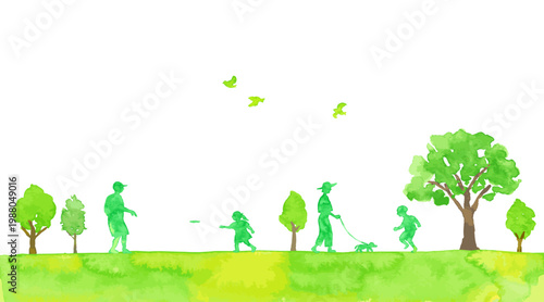 緑の木々と人々の自然の風景　水彩イラストによる背景素材　ナチュラル