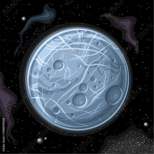 Vector exotic Planet, decorative placard with cartoon pale blue textured planet, astronomical square poster with heavily cratered terrain icy planet and galactic nebula on black starry background