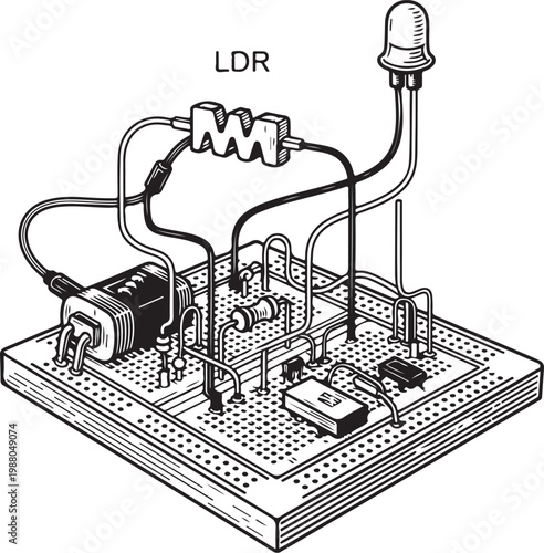 Light-dependent resistor controlling a lamp on a prototyping breadboard circuit hand drawing illustration vector