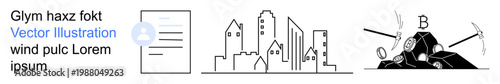 Urban infrastructure, cryptocurrency, blockchain, data security, authentication, financial technology. Minimal icons include a document, cityscape and crypto mining setup. Urban infrastructure