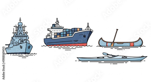 Collection of different types of watercraft vessels.