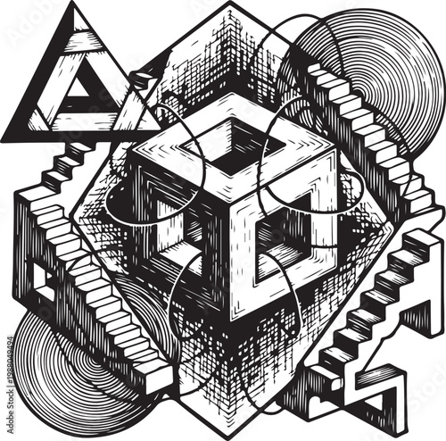 Intricate geometric maze with impossible perspectives and staircases intertwined in complex design hand drawing illustration vector