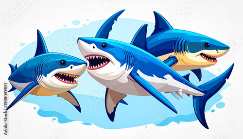 Contemporary shark illustration in colorful vector style, sharp lines on a white background.