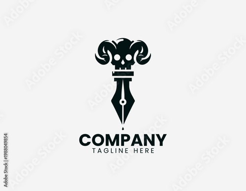 Abstract pen nib with skull minimalist black vector logo