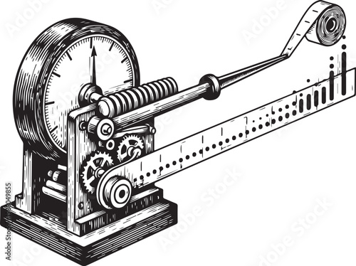 Vintage mechanical tape measure and spool device with gears and clockwork mechanism hand drawing illustration vector