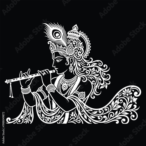 Quadro em tela Hindu deity Krishna playing flute.