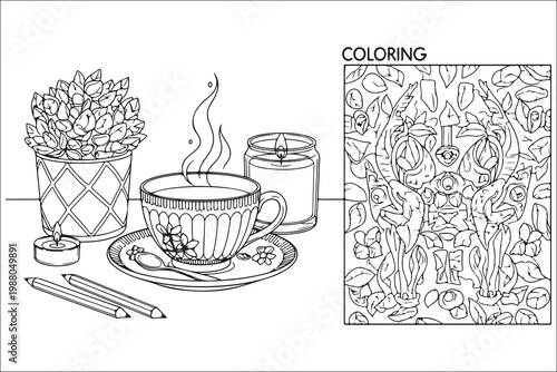 A cozy still life featuring a teacup plant candle and coloring page