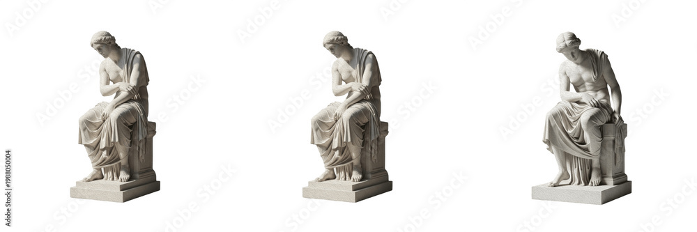 Fototapeta premium Classical Greek Goddess Stone Sculpture Set Featuring Seated Female Figure Isolated on White