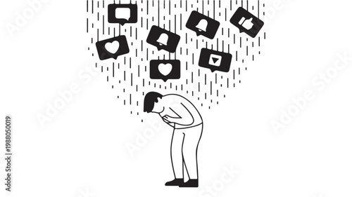 Social Media Addiction Concept with Overwhelmed Man and Notification Icons for Mental Health Awareness
