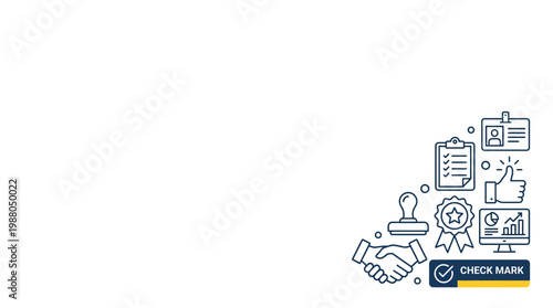 Checkmark and Approved web icon set in line style. Checklist, handshake, stamp, accept, agree, quality control, collection. Editable stroke. Vector illustration.