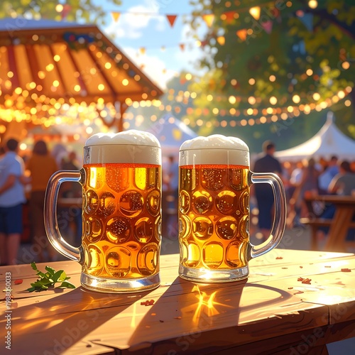 Two beer mugs on wooden table at outdoor festival with people