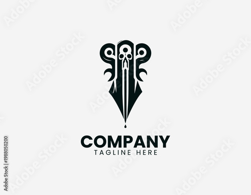 Abstract pen nib with skull minimalist black vector logo