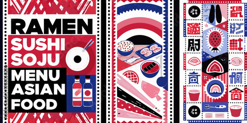 Vibrant illustrated menu panels showcase ramen sushi soju and other asian food options