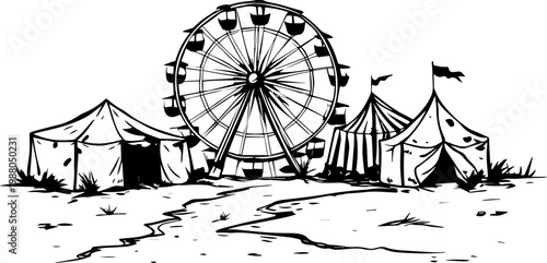 SVG eerie dark landscape scenes drawing vector illustration. Vintage Carnival Scene with Ferris Wheel and Tents in Black and White