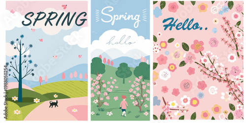 A vibrant set of three spring themed illustrations featuring floral designs and welcoming text