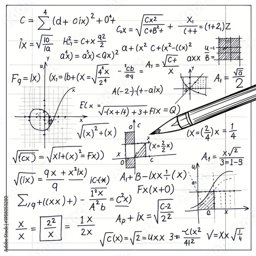Handwritten Mathematical Formulas and Graphs on Notebook Paper with Pencil