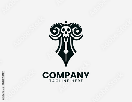 Abstract pen nib with skull minimalist black vector logo