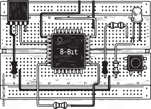 An 8-bit microcontroller circuit built on a breadboard with supporting components hand drawing illustration vector