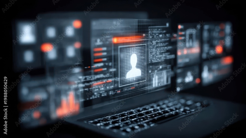Fototapeta premium Modern security systems on a business laptop allow for a quick review of a confidential profile with efficiency