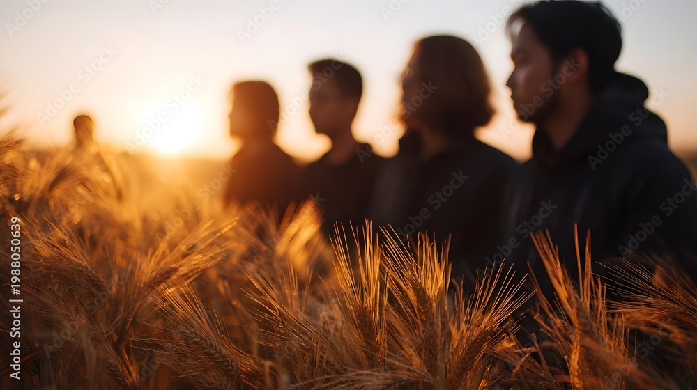 Naklejka premium A small group of people stands together amidst golden stalks in a vast field illuminated by the warm glow of sunset