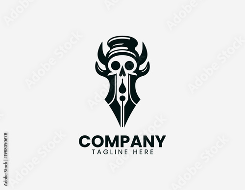 Abstract pen nib with skull minimalist black vector logo