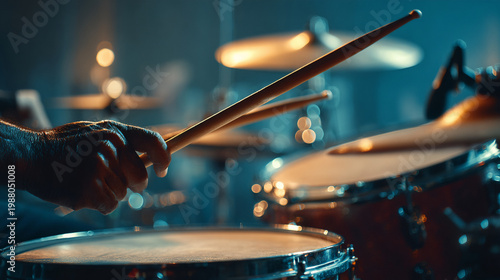 Drummer playing drum kit close-up. Live music concept.