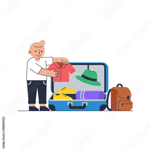 Man Packing Suitcase for Vacation, Travel Preparation, Holiday Packing