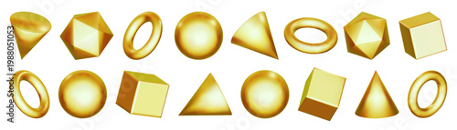 3d shape of gold abstract figure, sphere and cube render. Geometric metal element of yellow ring ball, pyramid circle cylinder. Glossy gradient on hologram y2k sticker. Solid golden simple game prism