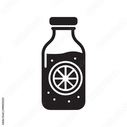 Tall bottle icon filled with a citrus slice and bubbles, bold black silhouette ideal for drink packaging, menu art, or smoothie branding.

