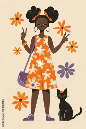 Happy girl posing with cat and flowers. Summer illustration concept.