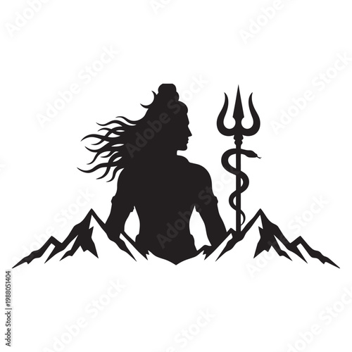 Hindu god Shiva silhouette meditating mountains.