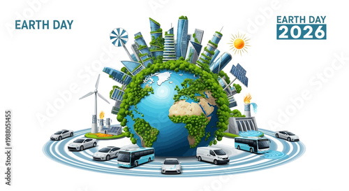 An Earth Day 2026 eco banner showcasing sustainability, featuring a globe encircled by greenery and miniature city buildings, with electric vehicles driving around it against a clean white