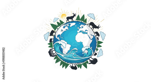 Illustrated Earth Day 2026 banner showcasing sustainability with a globe encircled by diverse animals and greenery, presented in a vibrant, cartoonish style against a clean white