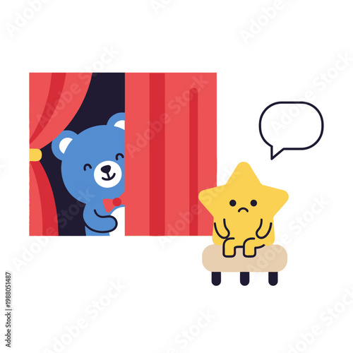 Shy Bear Peeking from Stage Curtains, Sad Star Sitting on Chair