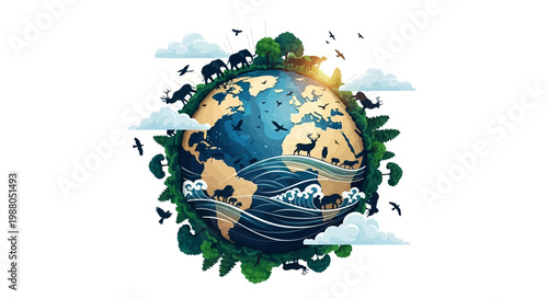 An Earth Day 2026 concept shows a vibrant, thriving Earth with diverse wildlife and lush greenery, emphasizing sustainability in a colorful vector design against a clean white background